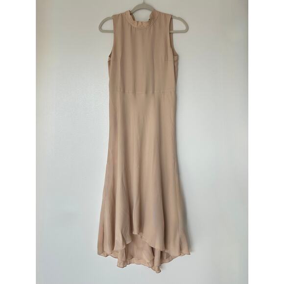 Theory 100% Silk Sleeveless Tie Back Midi Dress High Low Hem Nude Beige Elegant - Picture 2 of 16